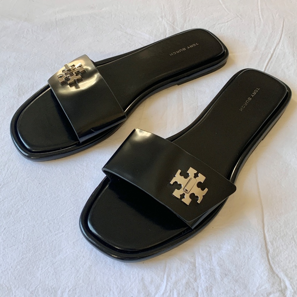 Tory Burch Turnlock Leather Slides Perfect Black 10 NEW